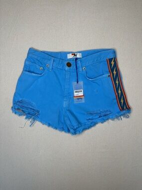 NWT Aviator Nation Bolt Stripe Boyfriend Cut-off Sky Blue Jean Shorts Size 27